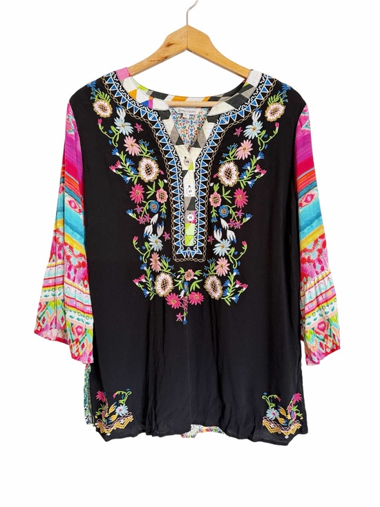 John Mark Tops - John Mark Floral Embroidered Split Neck Black Multicolor Boho Tunic Top size XL